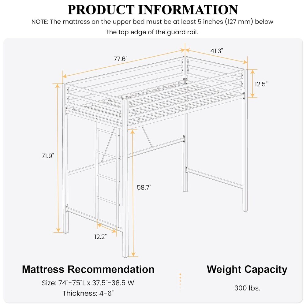 Loft Bed Twin Size with Ladder and Guardrail,Heavy Duty Metal Slats Support
