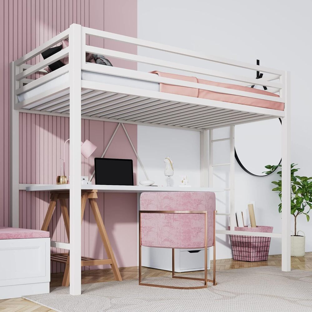 Loft Bed Twin Size with Ladder and Guardrail,Heavy Duty Metal Slats Support