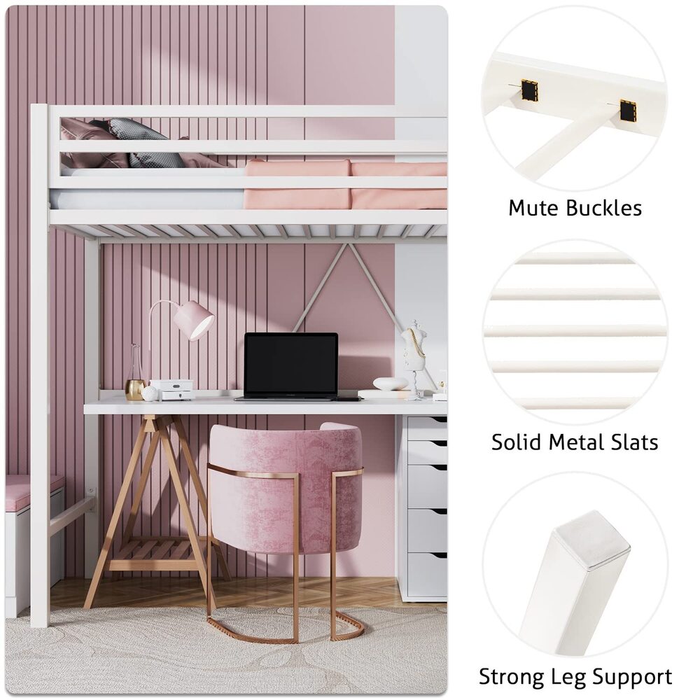 Loft Bed Twin Size with Ladder and Guardrail,Heavy Duty Metal Slats Support