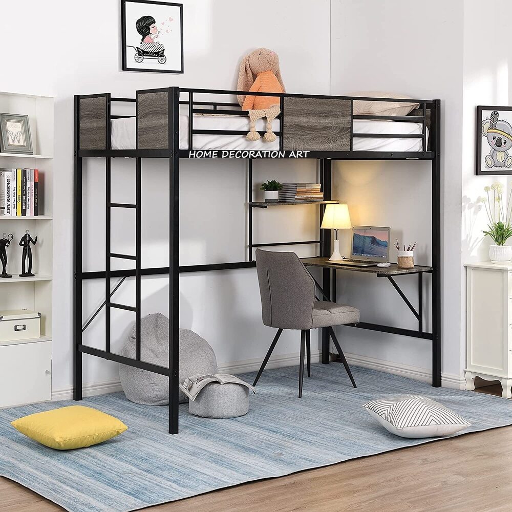 Metal Twin Size Loft Bed, Twin Loft Bed with Storage Shelves