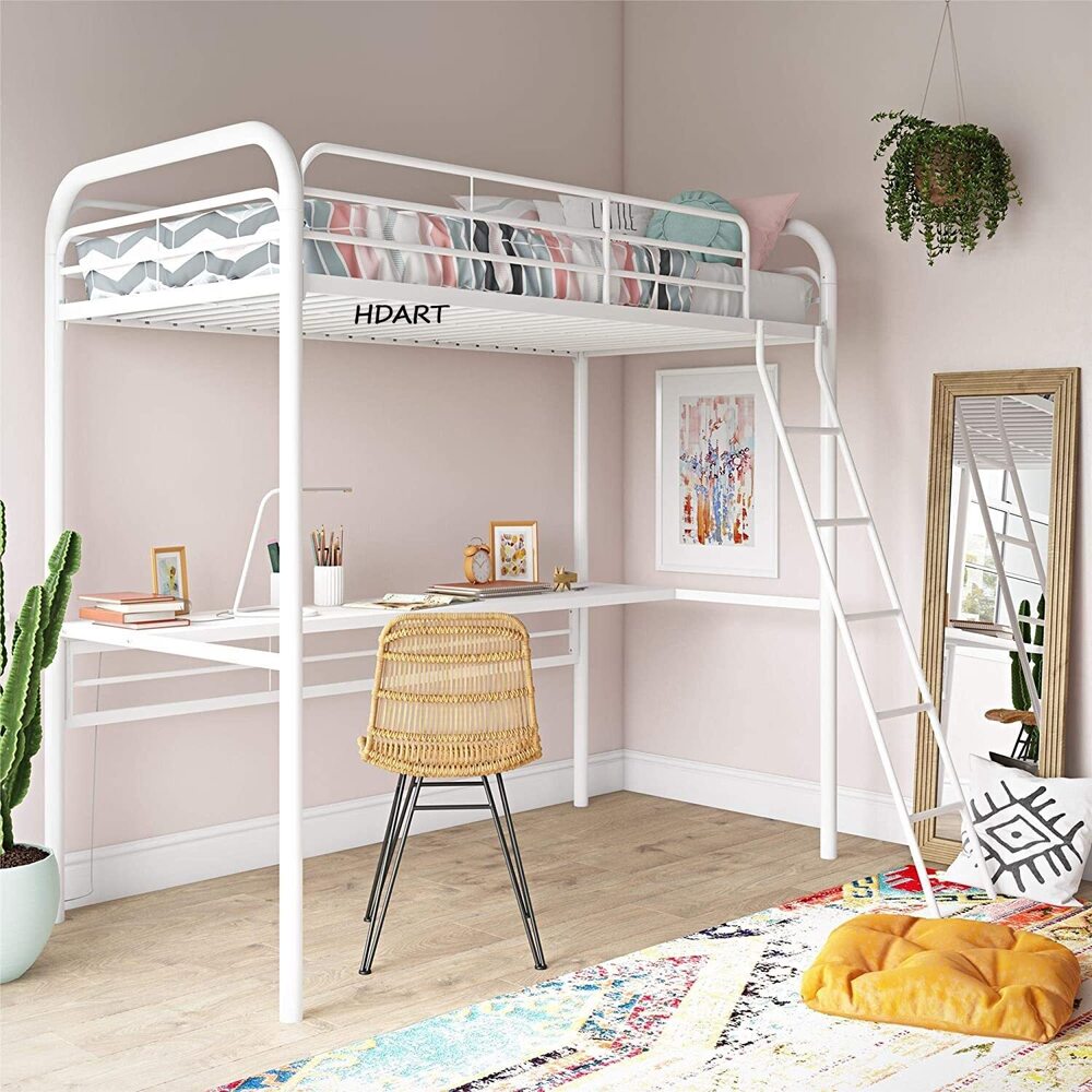 Twin Size Frame, Metal/White Desk Loft, Bed Powder Coated Paint