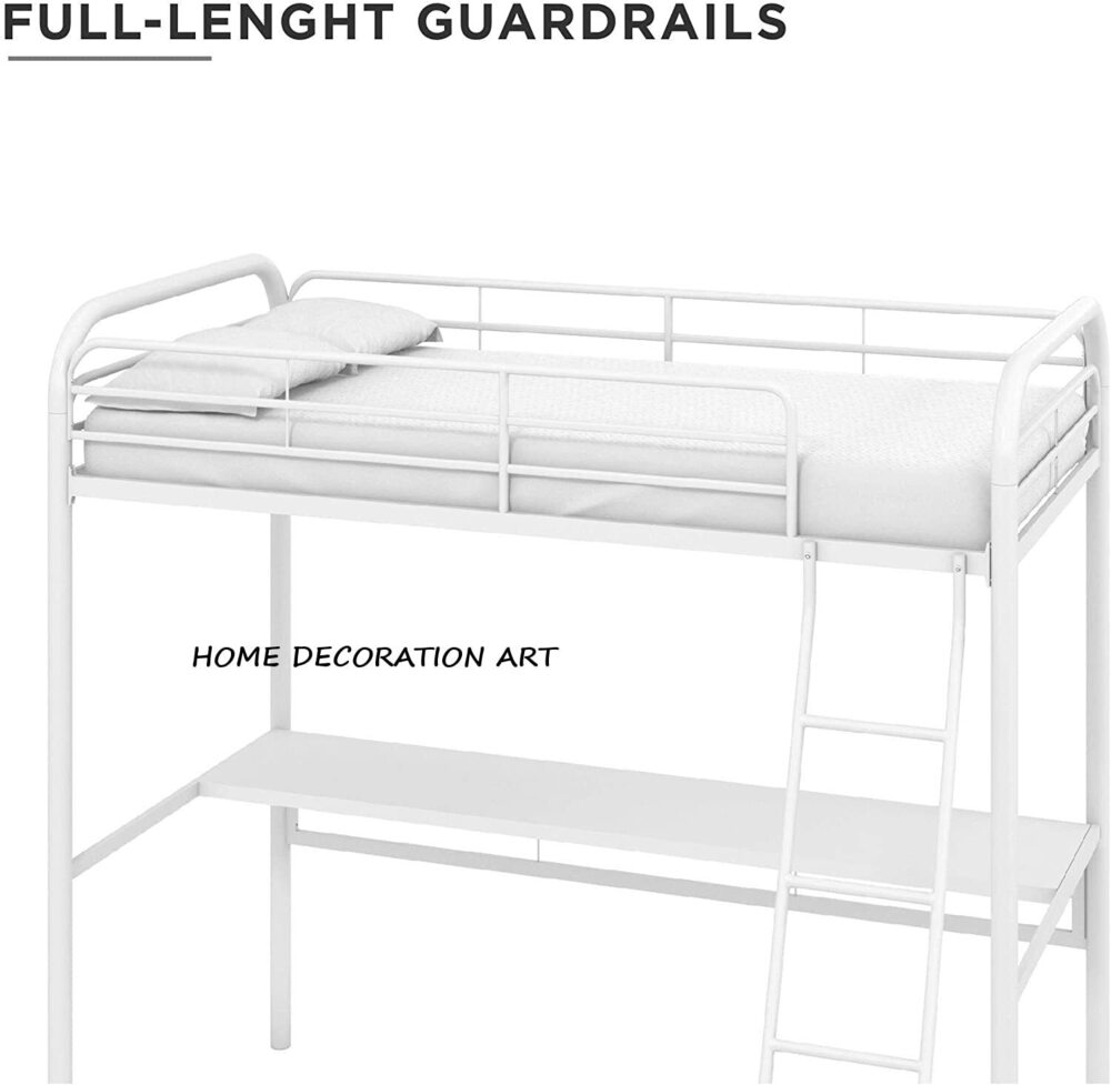 Twin Size Frame, Metal/White Desk Loft, Bed Powder Coated Paint