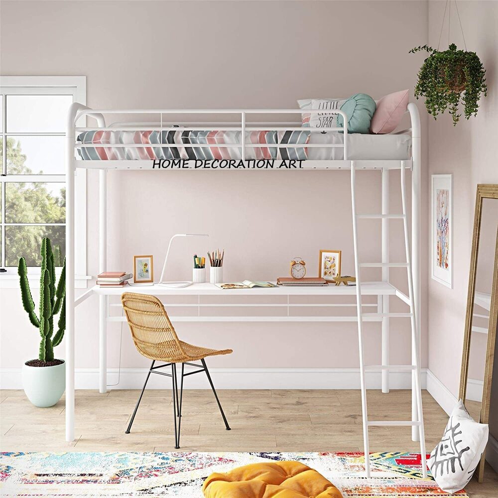 Twin Size Frame, Metal/White Desk Loft, Bed Powder Coated Paint