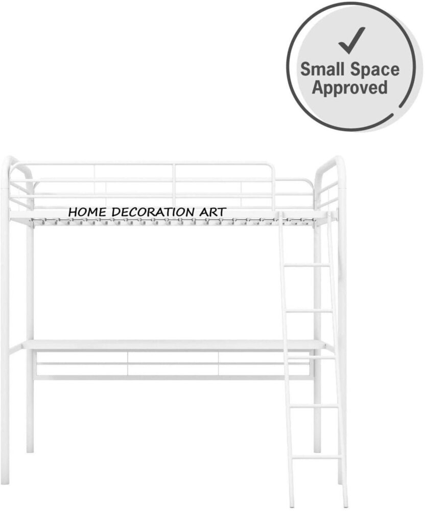 Twin Size Frame, Metal/White Desk Loft, Bed Powder Coated Paint