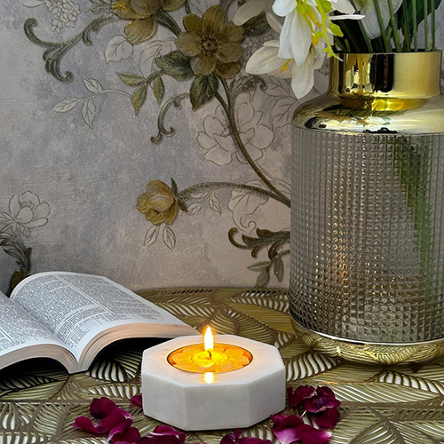 Marble Hexagon Candle Holder - 4 Inch White Marble & Brass Design | Handcrafted Home Decoration Unique Imperfections Handwash Only