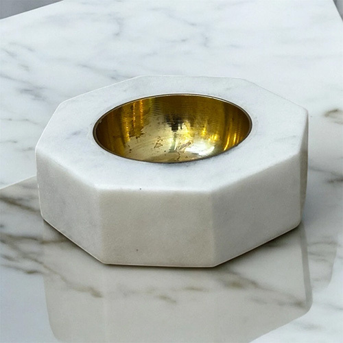 Marble Hexagon Candle Holder - 4 Inch White Marble & Brass Design | Handcrafted Home Decoration Unique Imperfections Handwash Only