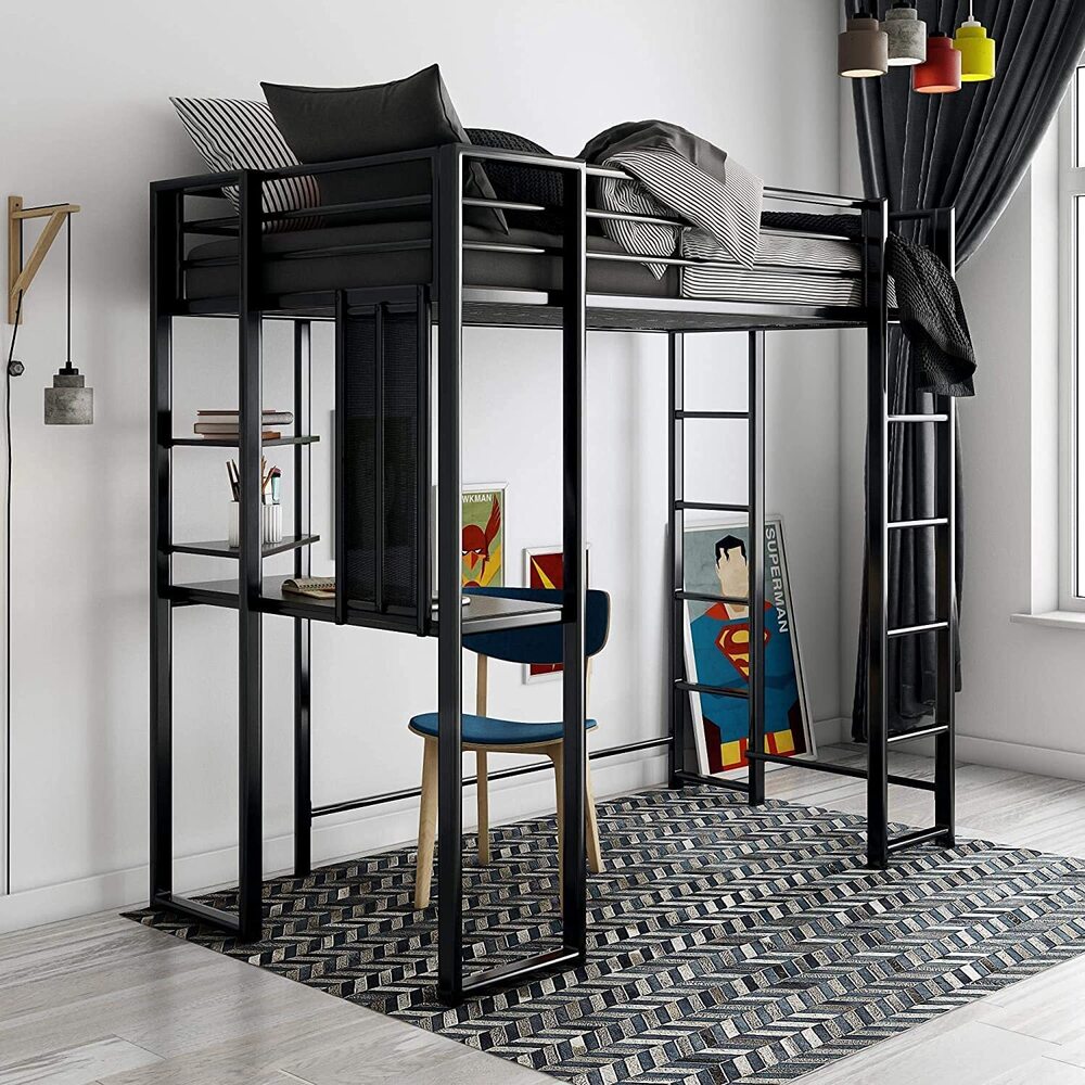 Metal Frame with Desk and Ladder, Full, Black 1 Loft Bed