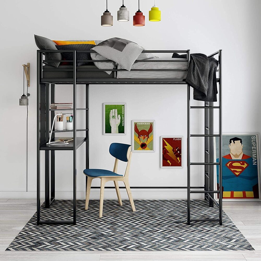 Metal Frame with Desk and Ladder, Full, Black 1 Loft Bed