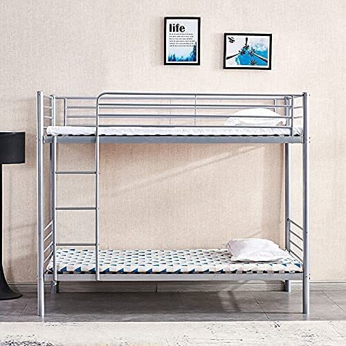 Metal Bunk Bed Frame with Ladder Safety Guardrail Guest Room Bedroom