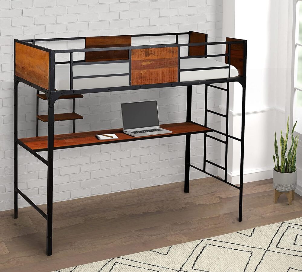 Twin Size Bunk Bed with Work Station (Wood + Metal - Light Walnut and Black)