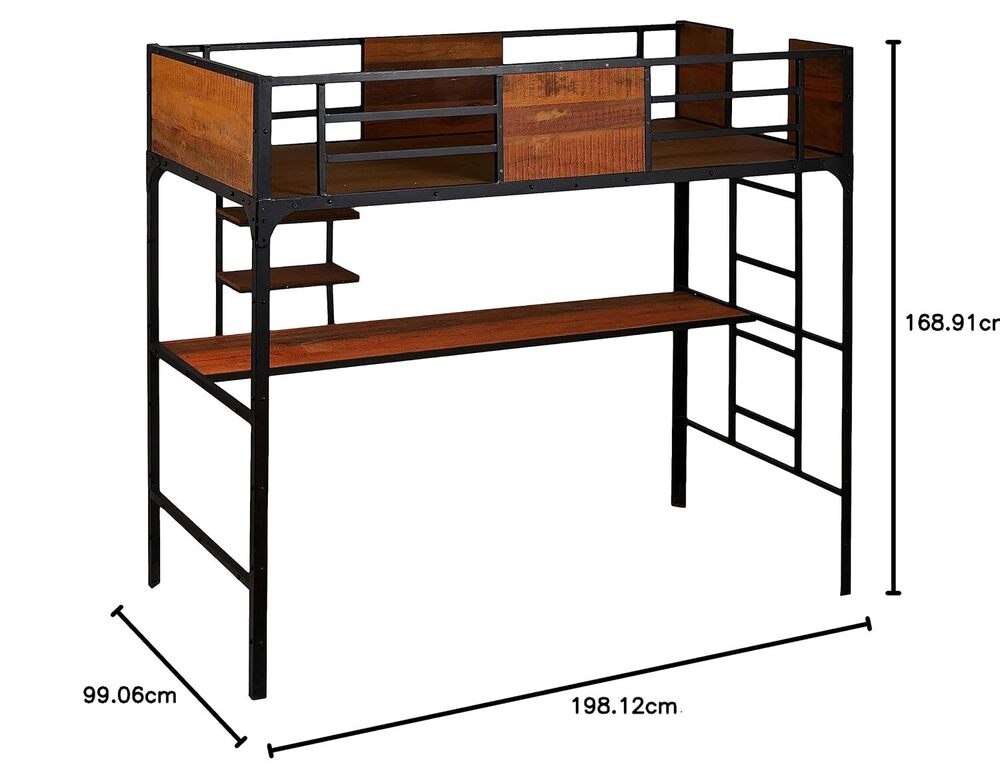 Twin Size Bunk Bed with Work Station (Wood + Metal - Light Walnut and Black)