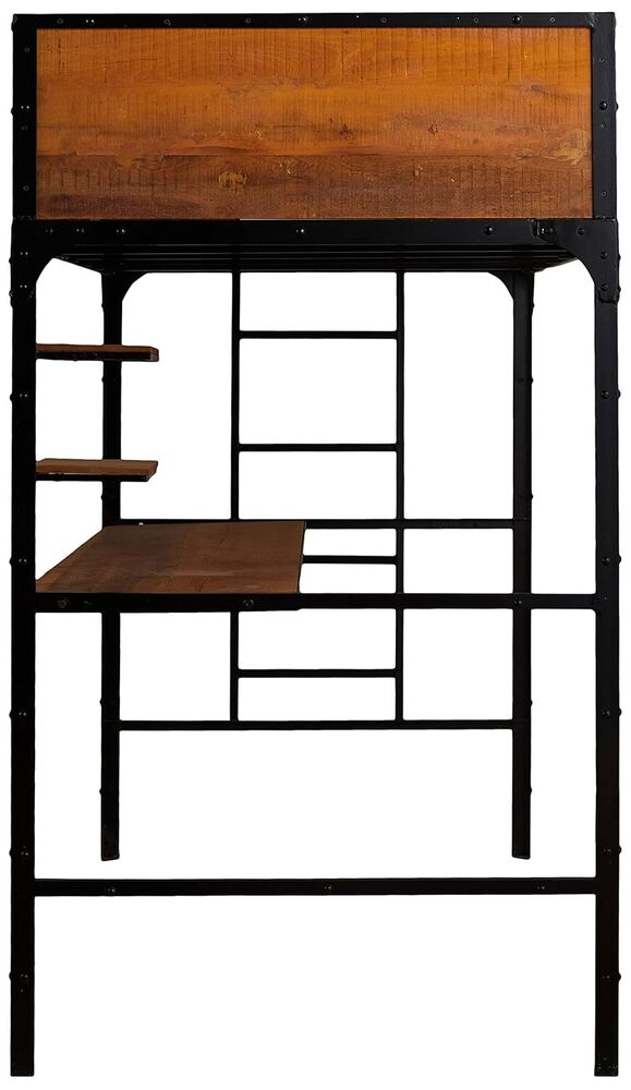 Twin Size Bunk Bed with Work Station (Wood + Metal - Light Walnut and Black)