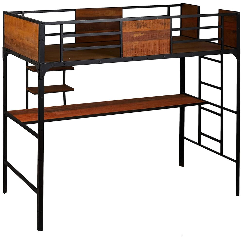 Twin Size Bunk Bed with Work Station (Wood + Metal - Light Walnut and Black)