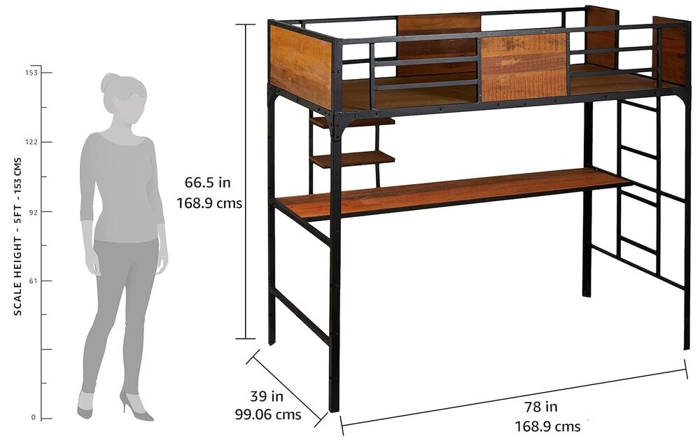 Twin Size Bunk Bed with Work Station (Wood + Metal - Light Walnut and Black)