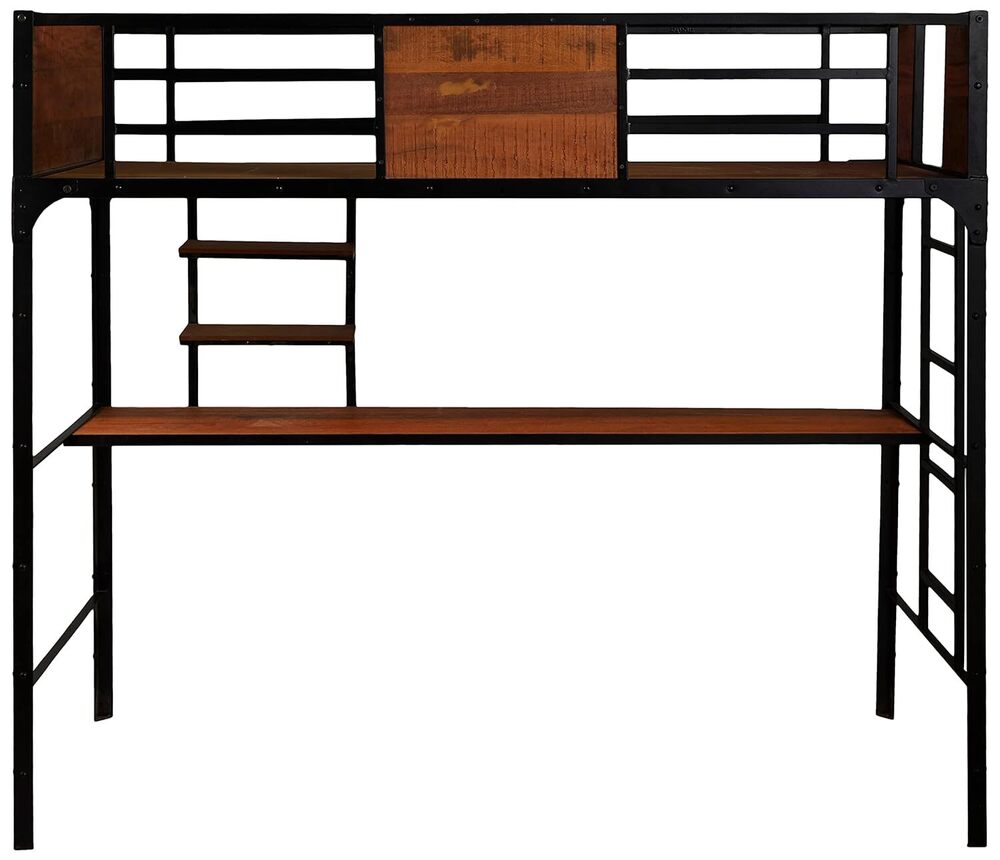 Twin Size Bunk Bed with Work Station (Wood + Metal - Light Walnut and Black)