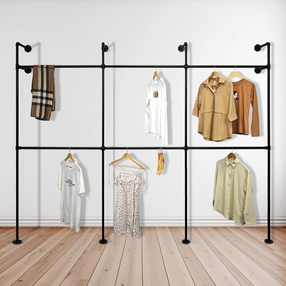 Industrial Pipe Clothing Rack Wall Mount,Double Hanging Rods Heavy Duty Clothes Rack