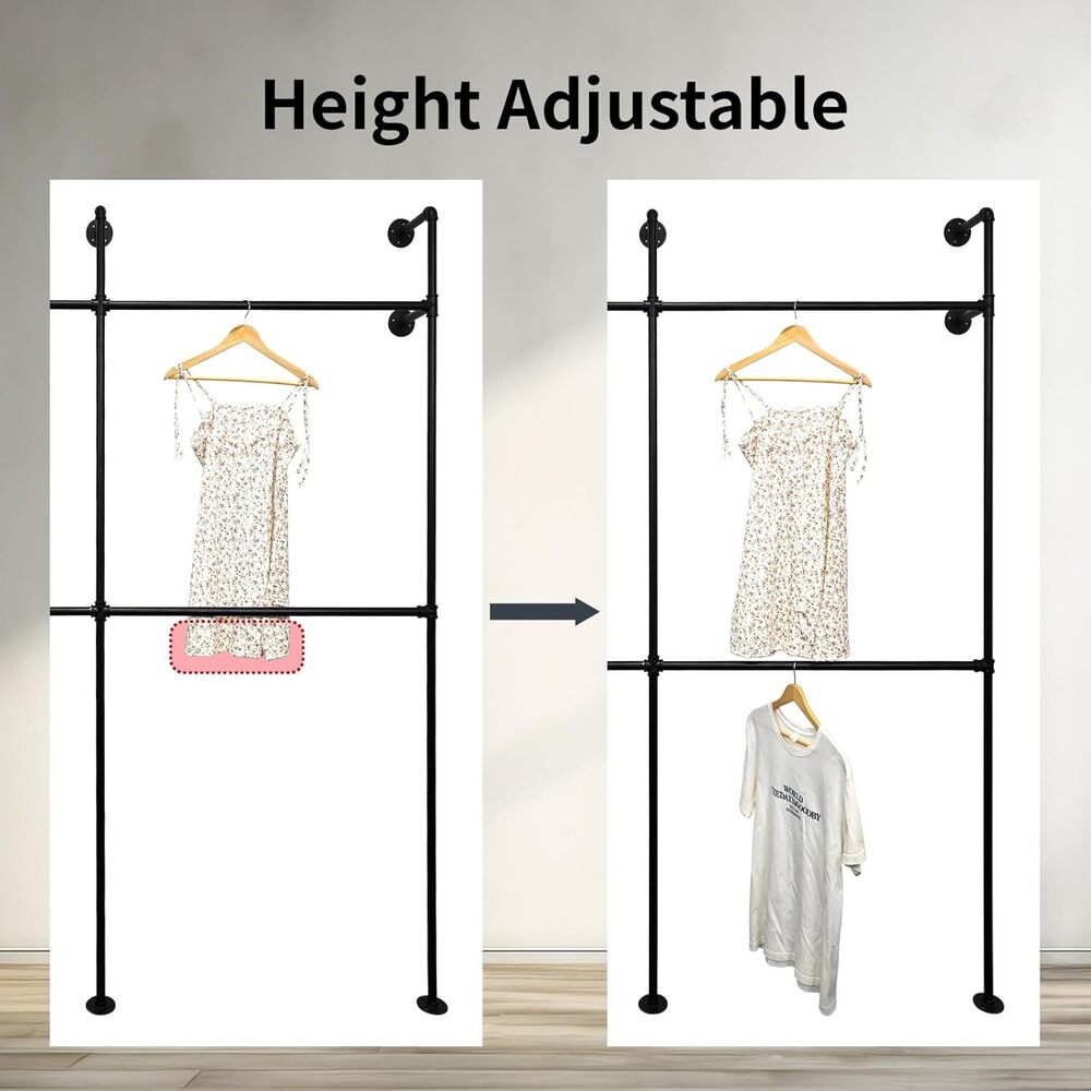 Industrial Pipe Clothing Rack Wall Mount,Double Hanging Rods Heavy Duty Clothes Rack