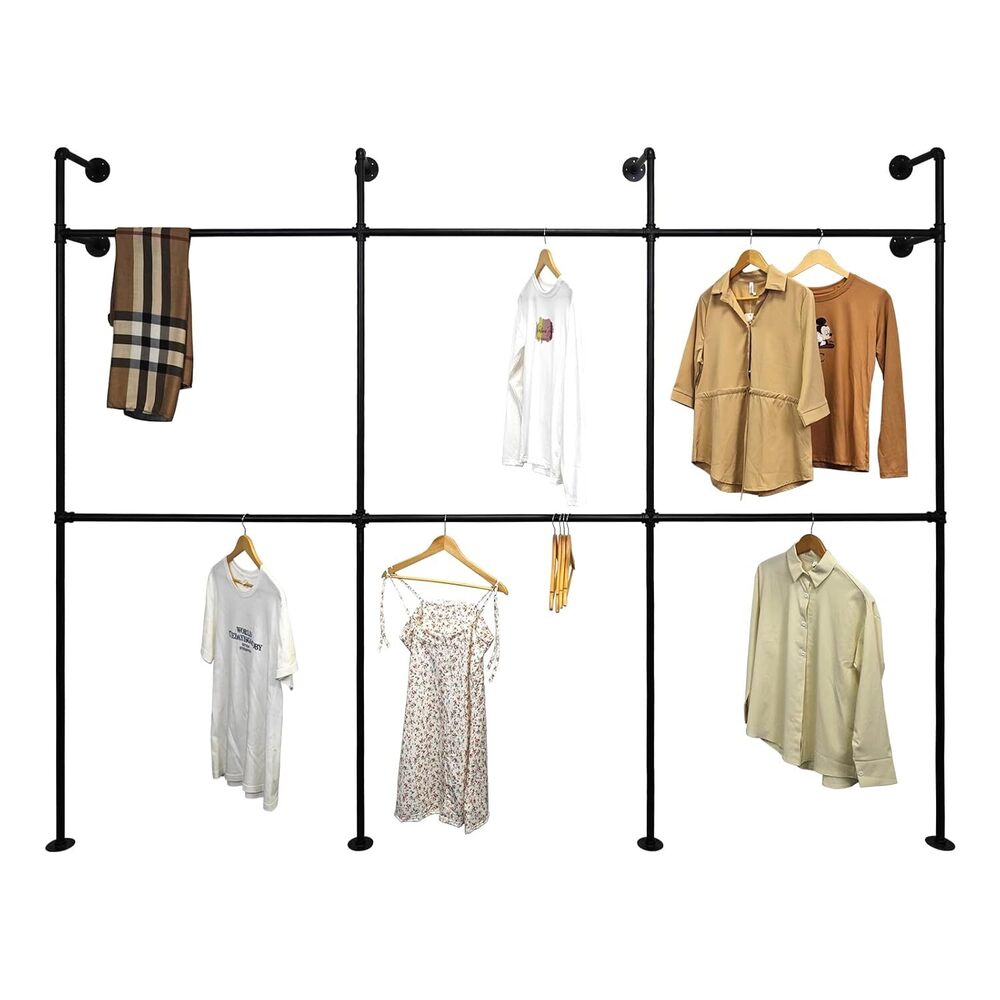 Industrial Pipe Clothing Rack Wall Mount,double Hanging Rods Heavy Duty Clothes Rack