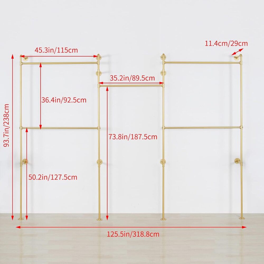 Industrial Pipe Clothing Rack Wall Mounted 5 Hanging Rods Garment Bar
