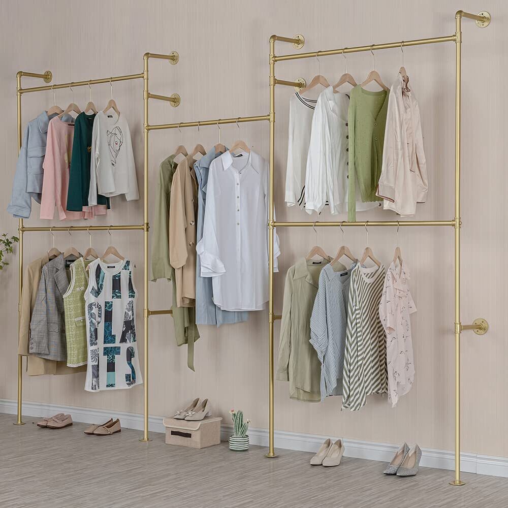 Industrial Pipe Clothing Rack Wall Mounted 5 Hanging Rods Garment Bar