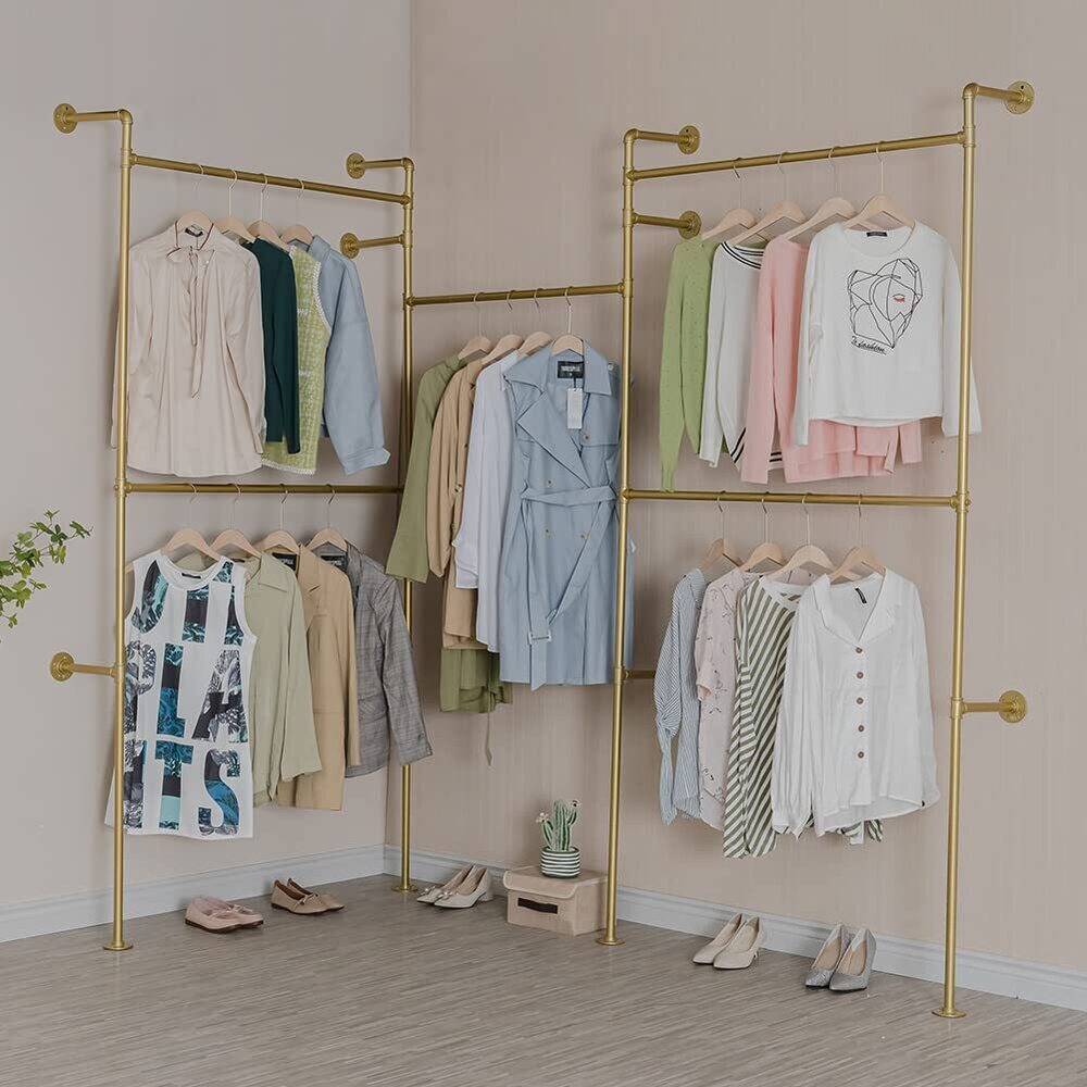 Industrial Pipe Clothing Rack Wall Mounted 5 Hanging Rods Garment Bar