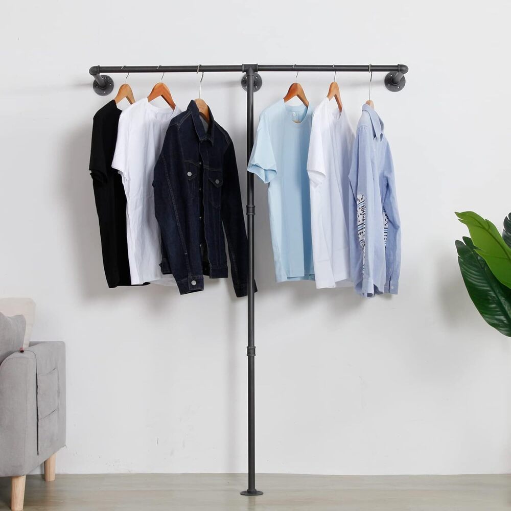 Industrial Pipe Clothes Rack, Heavy Duty Wall Mounted Black Iron Garment Bar