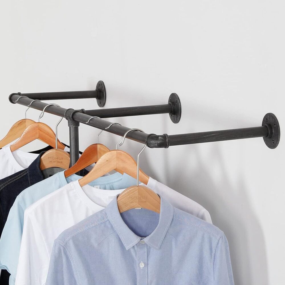 Industrial Pipe Clothes Rack, Heavy Duty Wall Mounted Black Iron Garment Bar