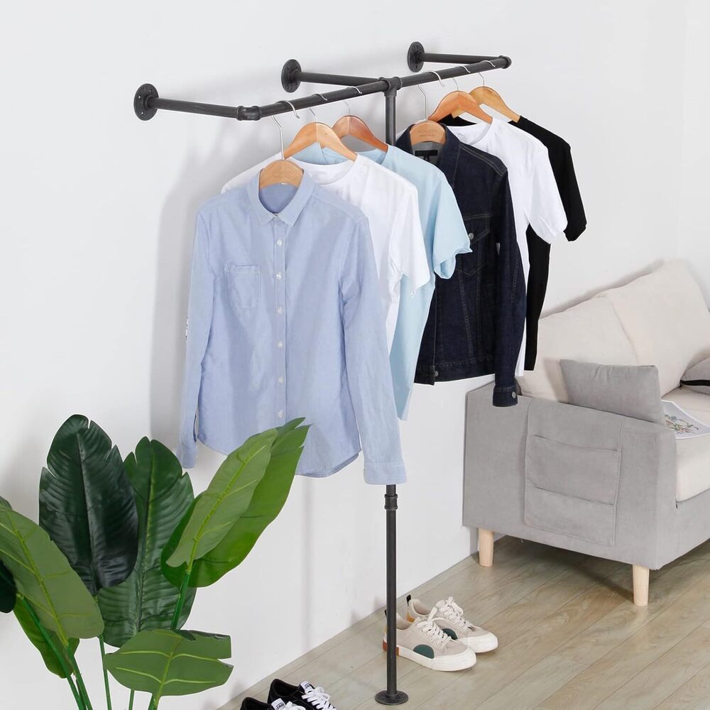 Industrial Pipe Clothes Rack, Heavy Duty Wall Mounted Black Iron Garment Bar