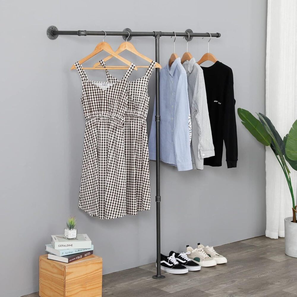 Industrial Pipe Clothes Rack, Heavy Duty Wall Mounted Black Iron Garment Bar