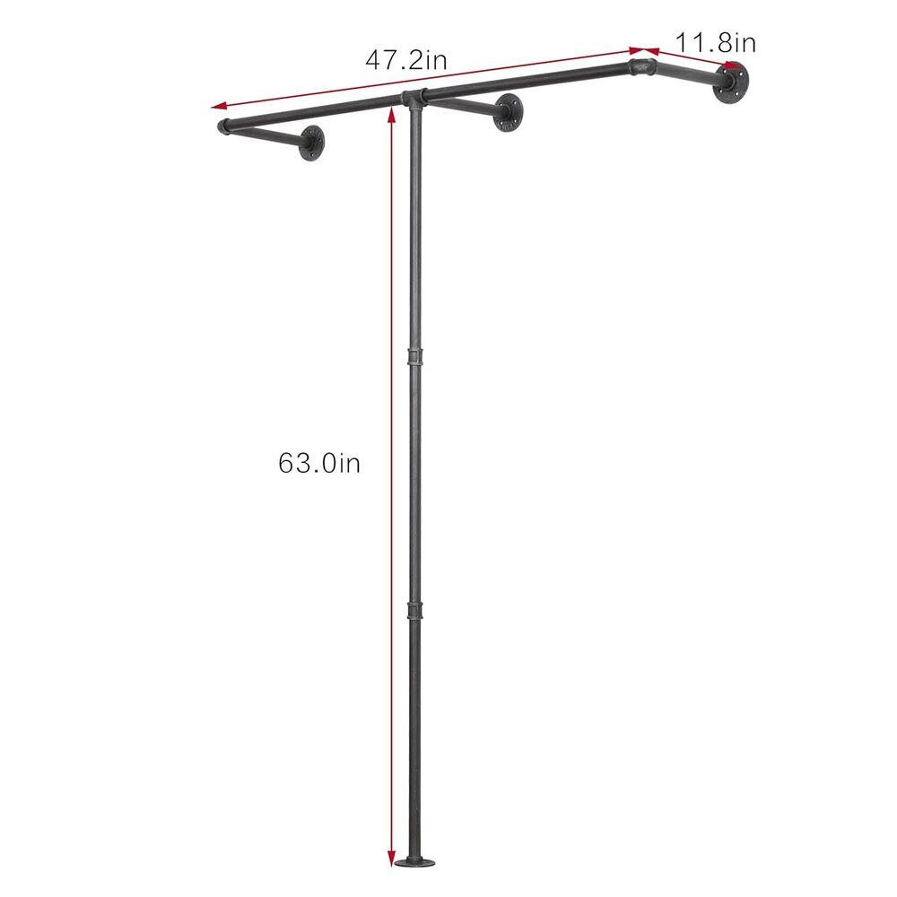 Industrial Pipe Clothes Rack, Heavy Duty Wall Mounted Black Iron Garment Bar