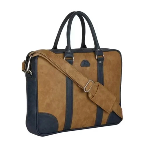 Tan And Black Leather Laptop Bag - Color: Brown