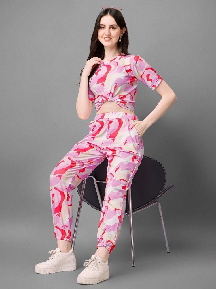 Printed POLY COTTON Women's Pajama Set - Available in M, L, XL, XXL | Multicolor Crop Top with Ribbed Neckline and Comfortable Night Pants, Short Sleeve Design