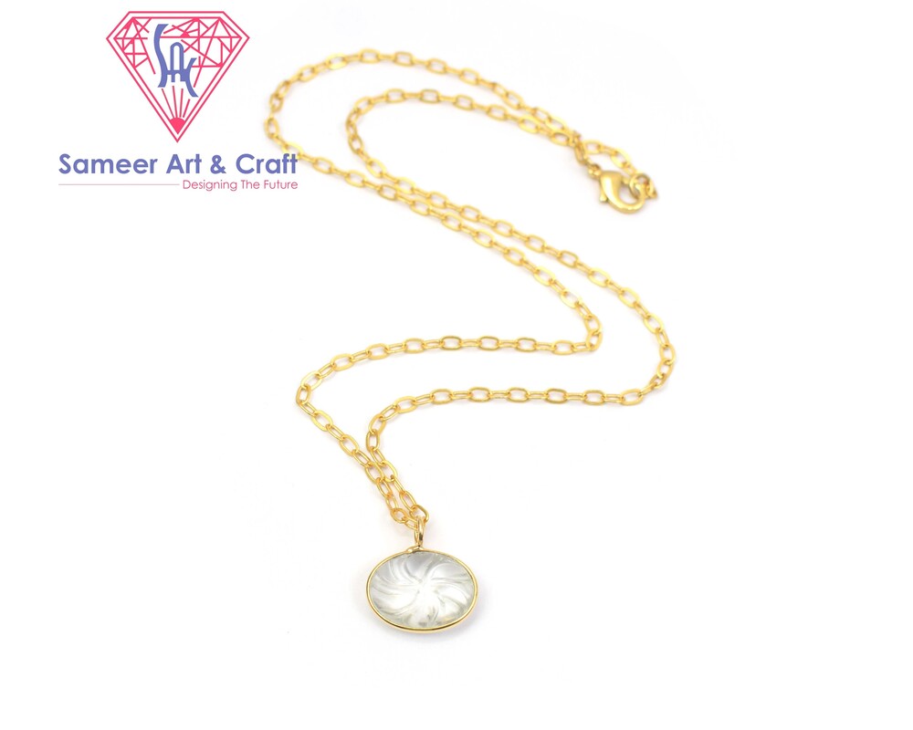 Natural Carving Clear Quartz Gemstone With 18k Gold Plated Oval Shape Handmade Pendant