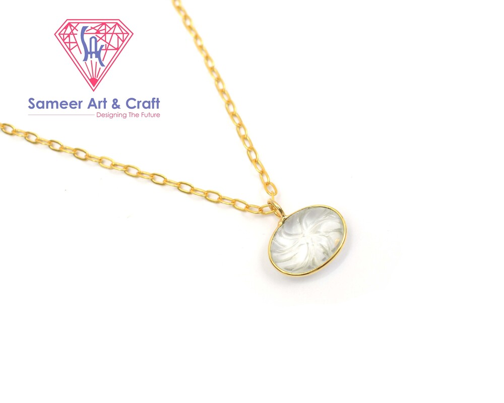 Natural Carving Clear Quartz Gemstone With 18k Gold Plated Oval Shape Handmade Pendant