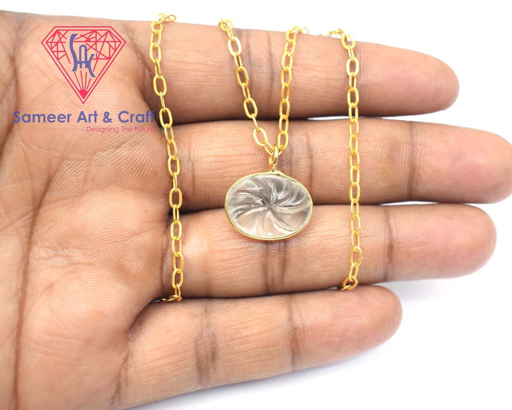 Natural Carving Clear Quartz Gemstone With 18k Gold Plated Oval Shape Handmade Pendant
