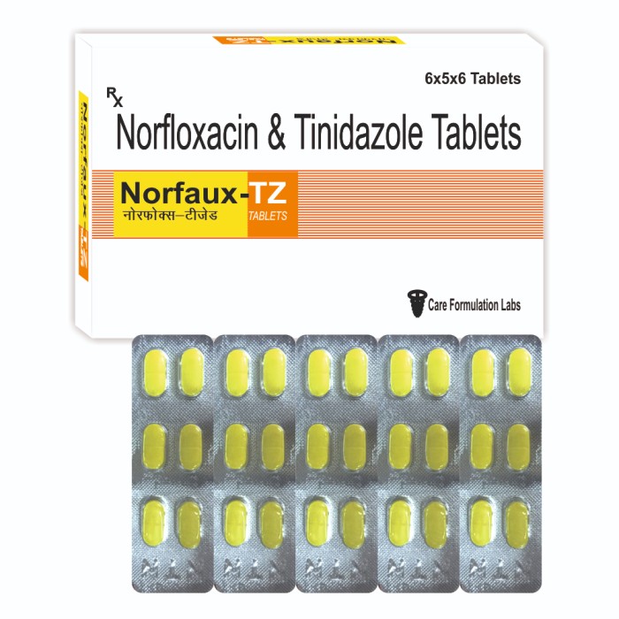 Norfloxacin IP 400mg +Tinidazole IP 600mg tablets