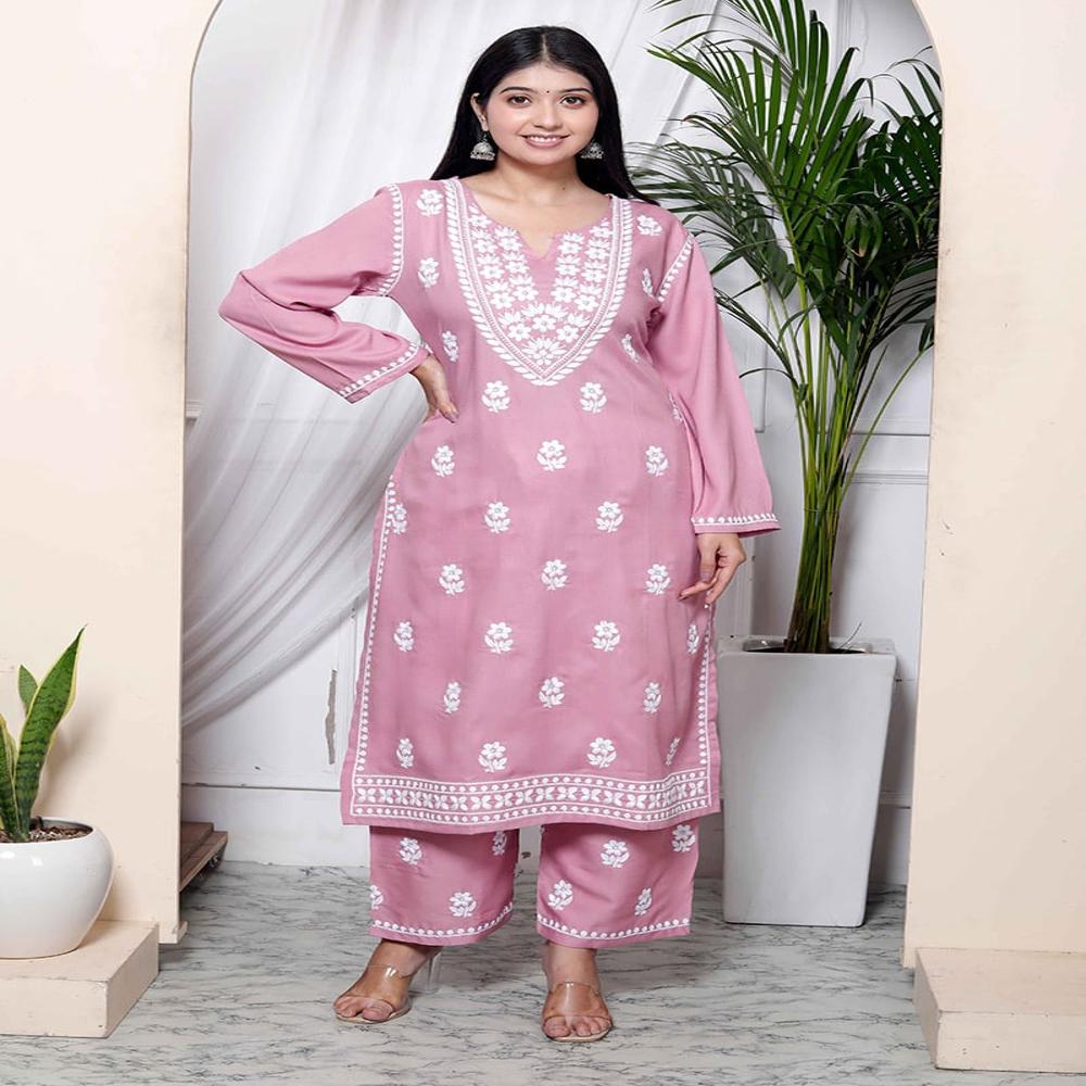 Hawkthestock Women Cotton Embroidered Kurta Straight Pant Set - 42-44 Inches Length, Pink Color, Breathable Fabric, Ethnic Style, Full Sleeves, Formal Wear