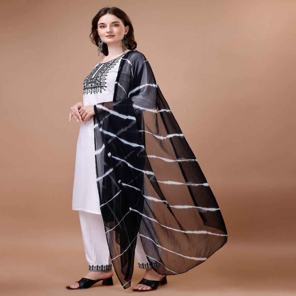 Attractive Look Hawkthestock Women Rayon Kurta Pant Dupatta Set - Color: Black & White