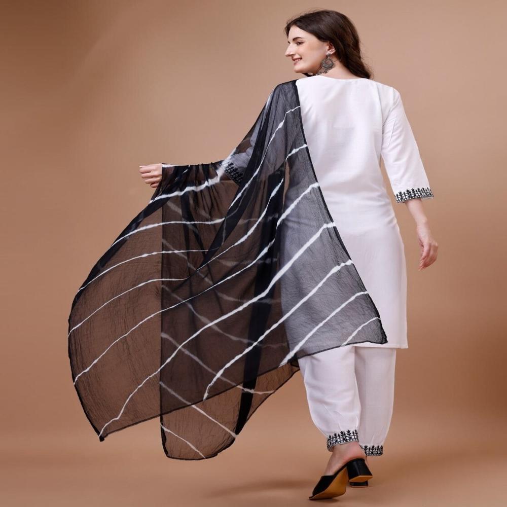 Attractive Look Hawkthestock Women Rayon Kurta Pant Dupatta Set - Color: Black & White