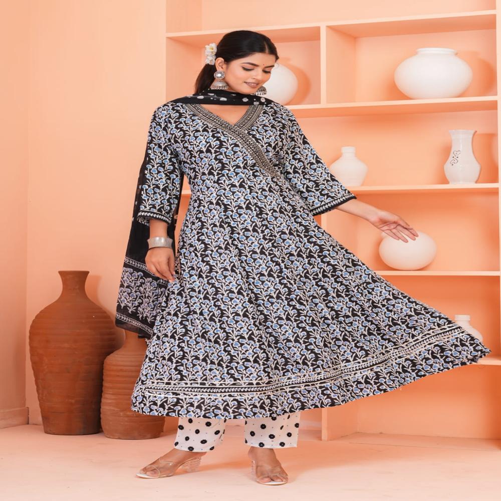 Hawkthestock Women Rayon Kurta Pant Dupatta Set - Size S to 3XL, Black & White Printed Pattern, 3/4 Sleeves, Perfect for All Occasions