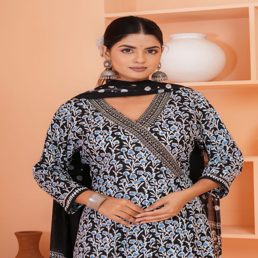 Hawkthestock Women Rayon Kurta Pant Dupatta Set - Size S To 3xl, Black & White Printed Pattern, 3/4 Sleeves, Perfect For All Occasions