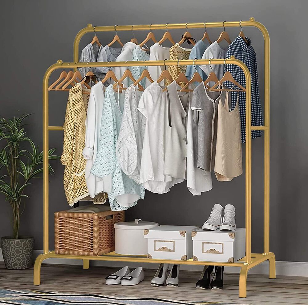 Durable Double Garment Rack: Multipurpose Metal Cloth Stand with 1 Bottom Shelf