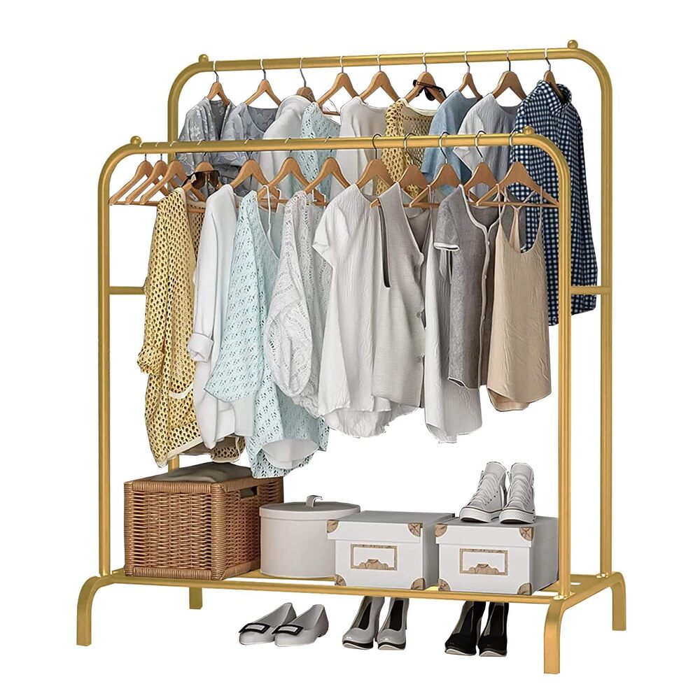Durable Double Garment Rack: Multipurpose Metal Cloth Stand with 1 Bottom Shelf