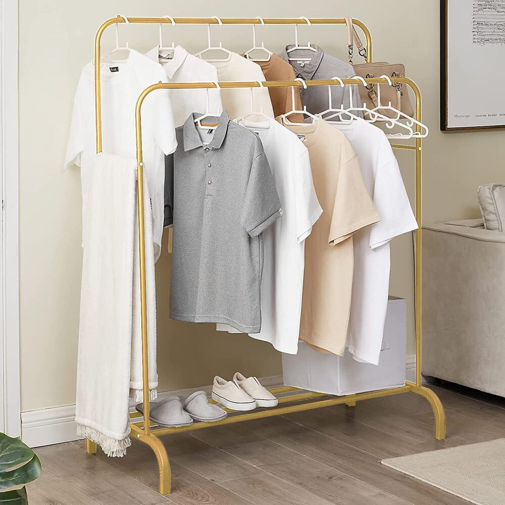 Durable Double Garment Rack: Multipurpose Metal Cloth Stand with 1 Bottom Shelf