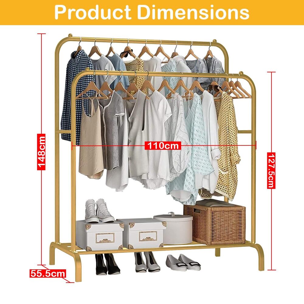 Durable Double Garment Rack: Multipurpose Metal Cloth Stand with 1 Bottom Shelf