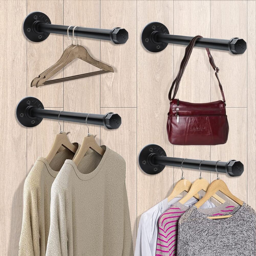 Industrial Pipe Clothing Rack 12 Inch 4 Pack, Wall Mounted Clothes Rack
