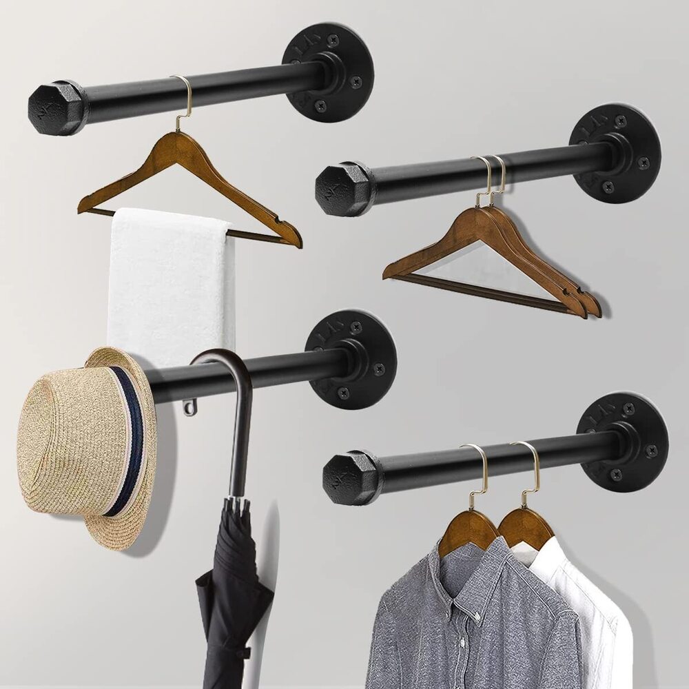 Industrial Pipe Clothing Rack 12 Inch 4 Pack, Wall Mounted Clothes Rack