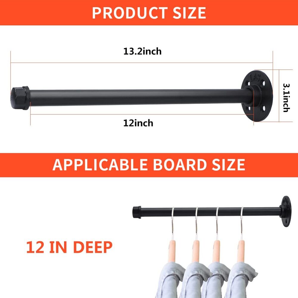 Industrial Pipe Clothing Rack 12 Inch 4 Pack, Wall Mounted Clothes Rack
