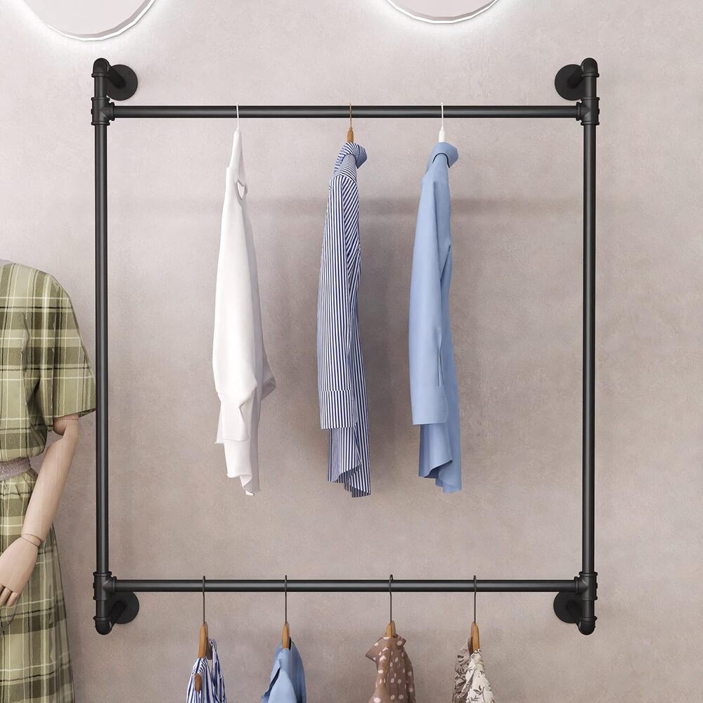 Metal Industrial Pipe Clothing Garment Rack Wall Mounted Heavy Duty Closet Storage Rod