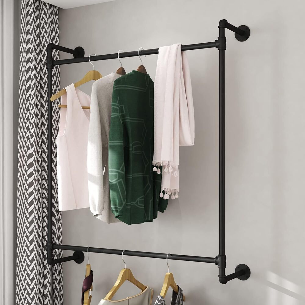 Metal Industrial Pipe Clothing Garment Rack Wall Mounted Heavy Duty Closet Storage Rod